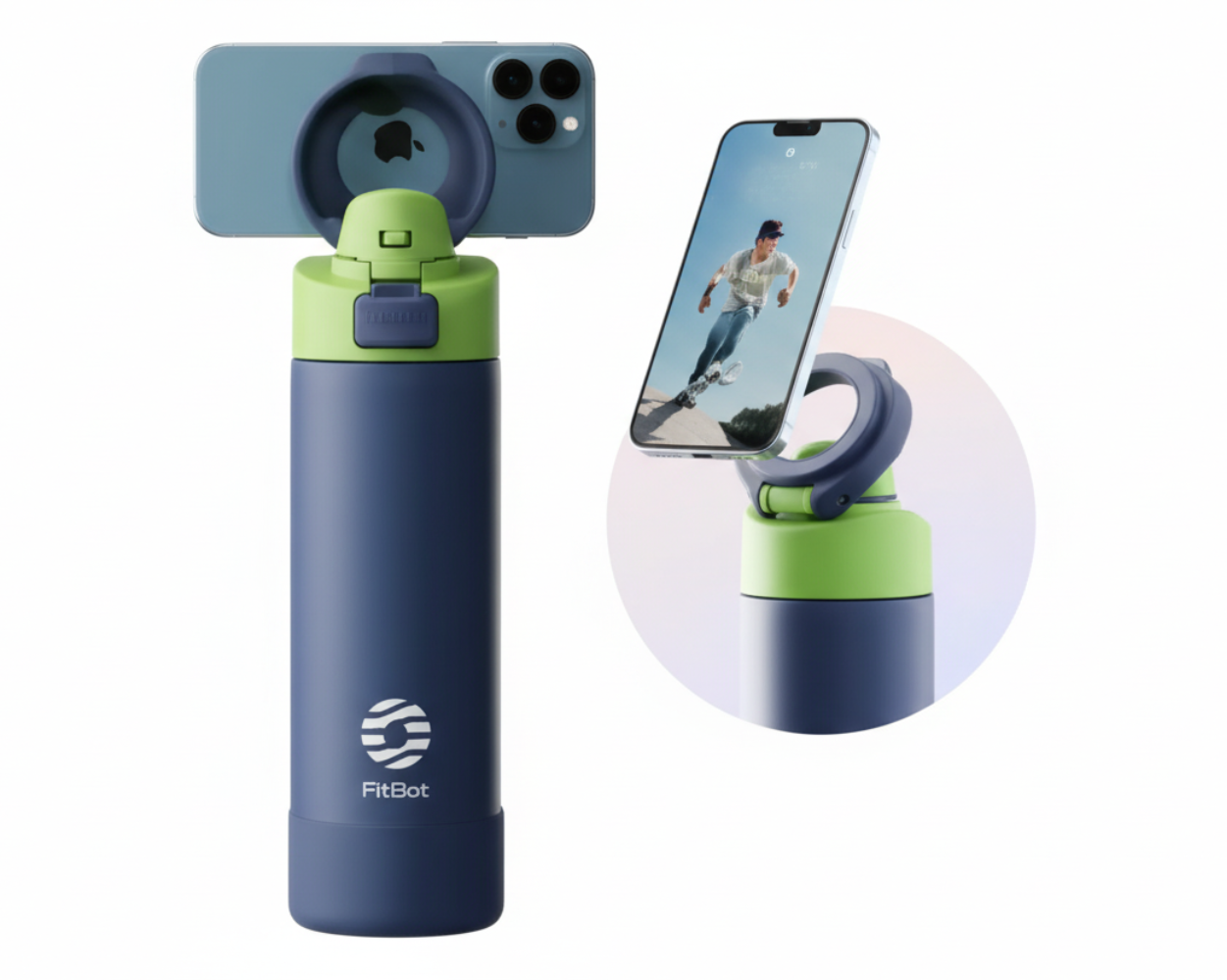 isolierte Wasserflasche mit magnetischem Deckel und Telefonhalterung.