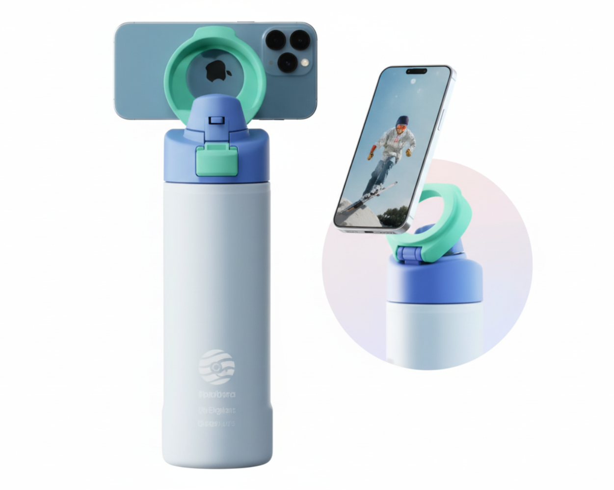 isolierte Wasserflasche mit magnetischem Deckel und Telefonhalterung.