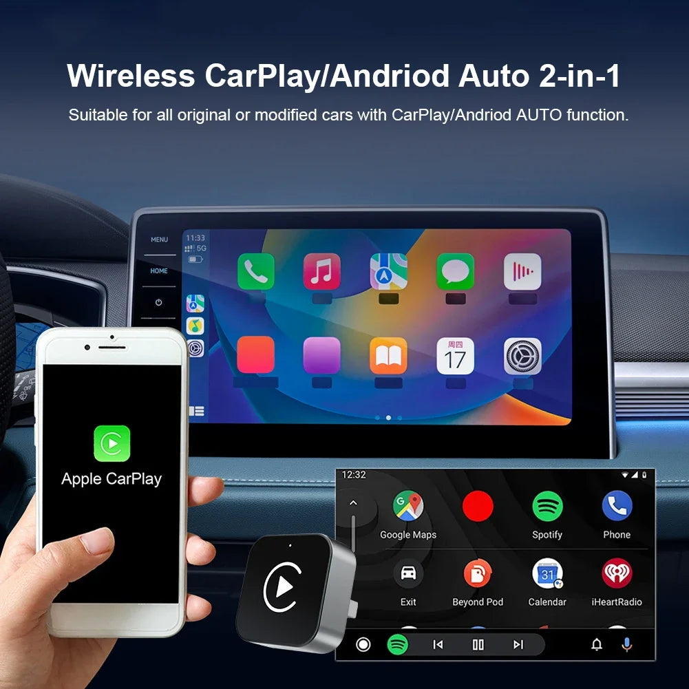 2-in-1 Kabelloser CarPlay für iPhone & Android Auto Adapter – Plug & Play für iPhone & Android