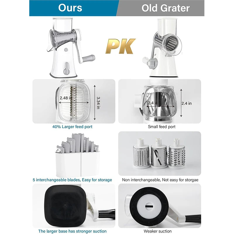 5-in-1 rotierender Käsereibe, Schredder, Küche, Mandoline, Gemüse, Julienne- & Waffelschneider