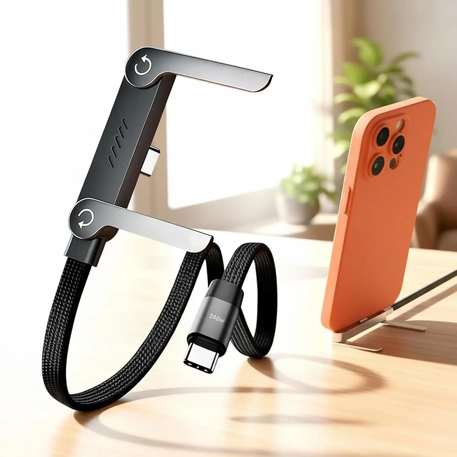 240 W/65 W Ladekabel mit Ständer, 2-in-1-Ladekabel mit Unsichtbarer Halterung, 1.5M USB C Kabel, 240W Braided Fast Charge Cable with Built-in Phone Stand Faltbar 90 Grad Schnellladekabel