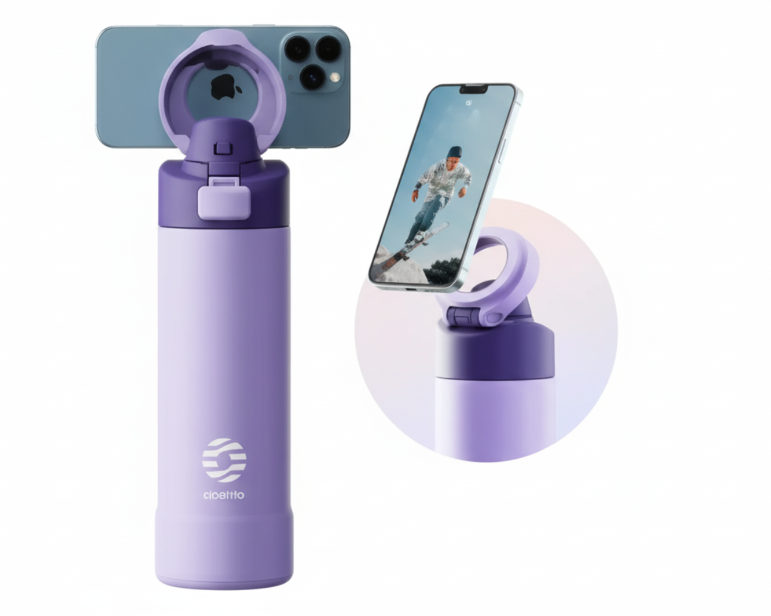 isolierte Wasserflasche mit magnetischem Deckel und Telefonhalterung.